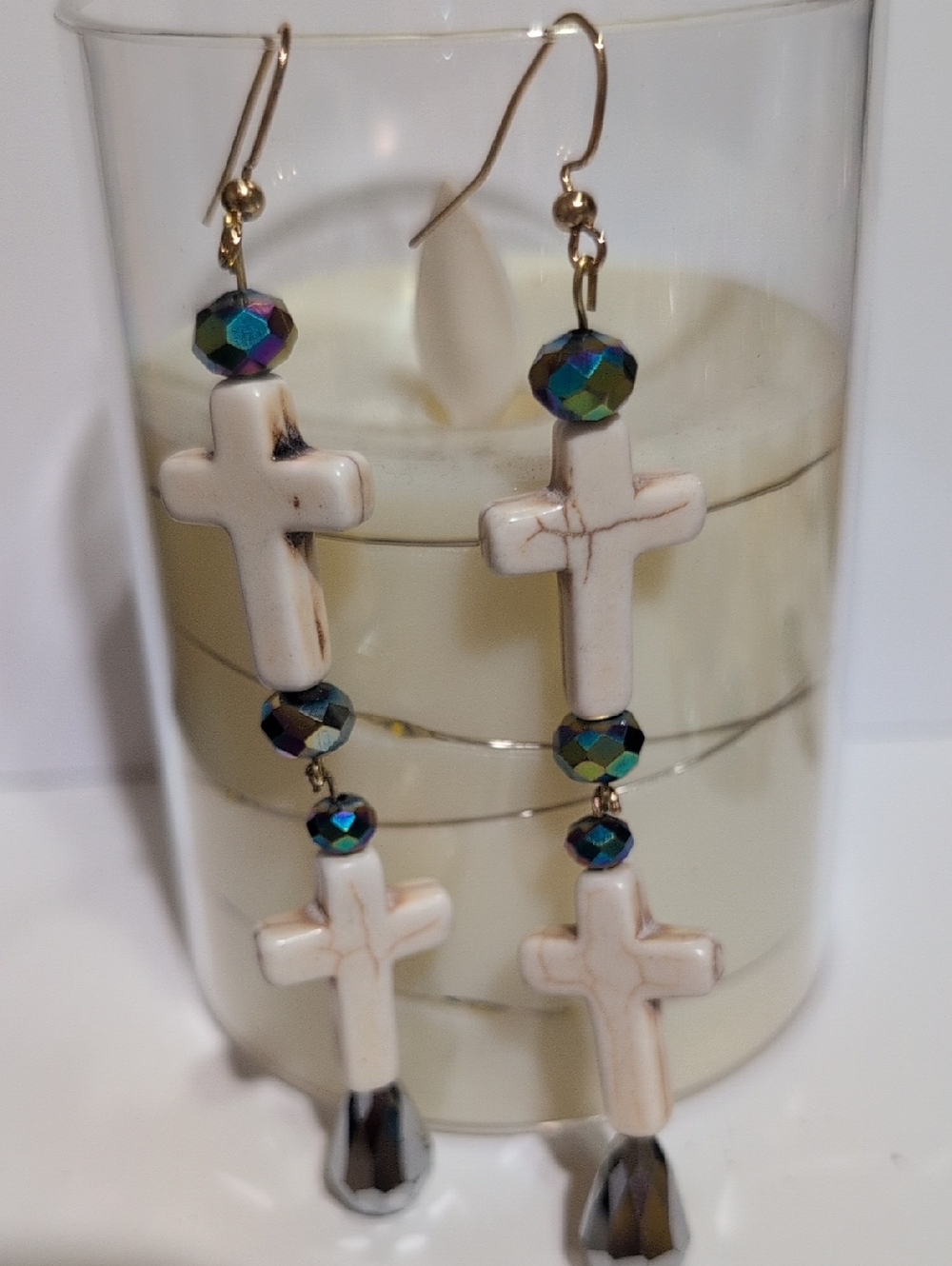 NWOT Handcrafted Ivory Stone Cross Dangle Earrings with Iridescent Beads